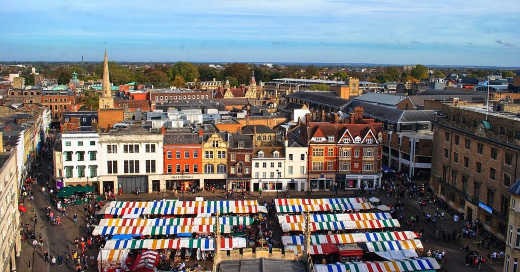 View of Cambridge Market from Great St Marys Church tower